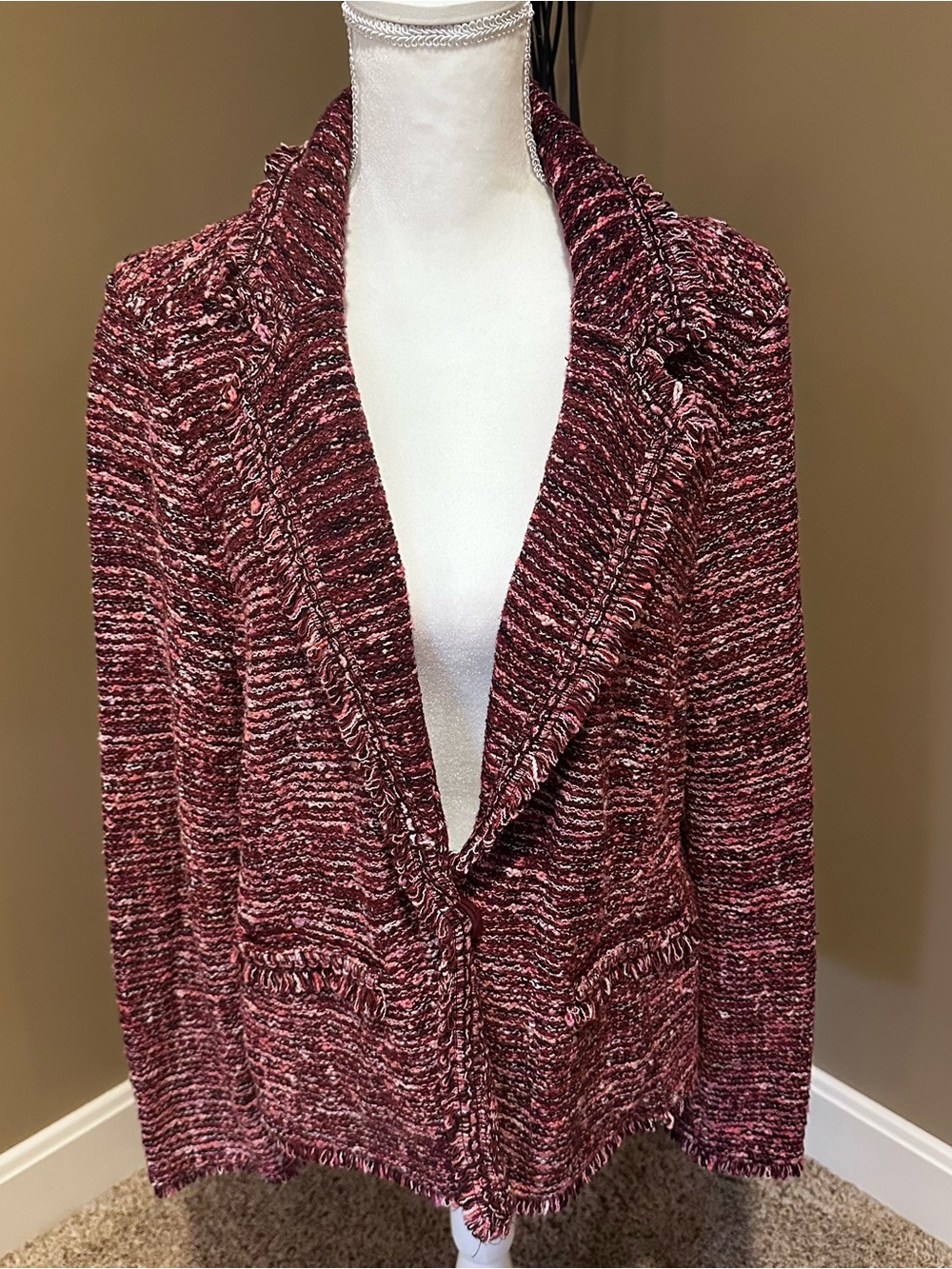 Chico’s Chanel-esque Womens Marled Burgundy Open-Front Knit Jacket